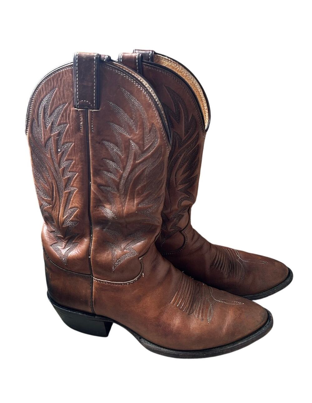 Vintage Brown Leather Western Cowboy Boots Stitch Snip Toe Men's Size 10